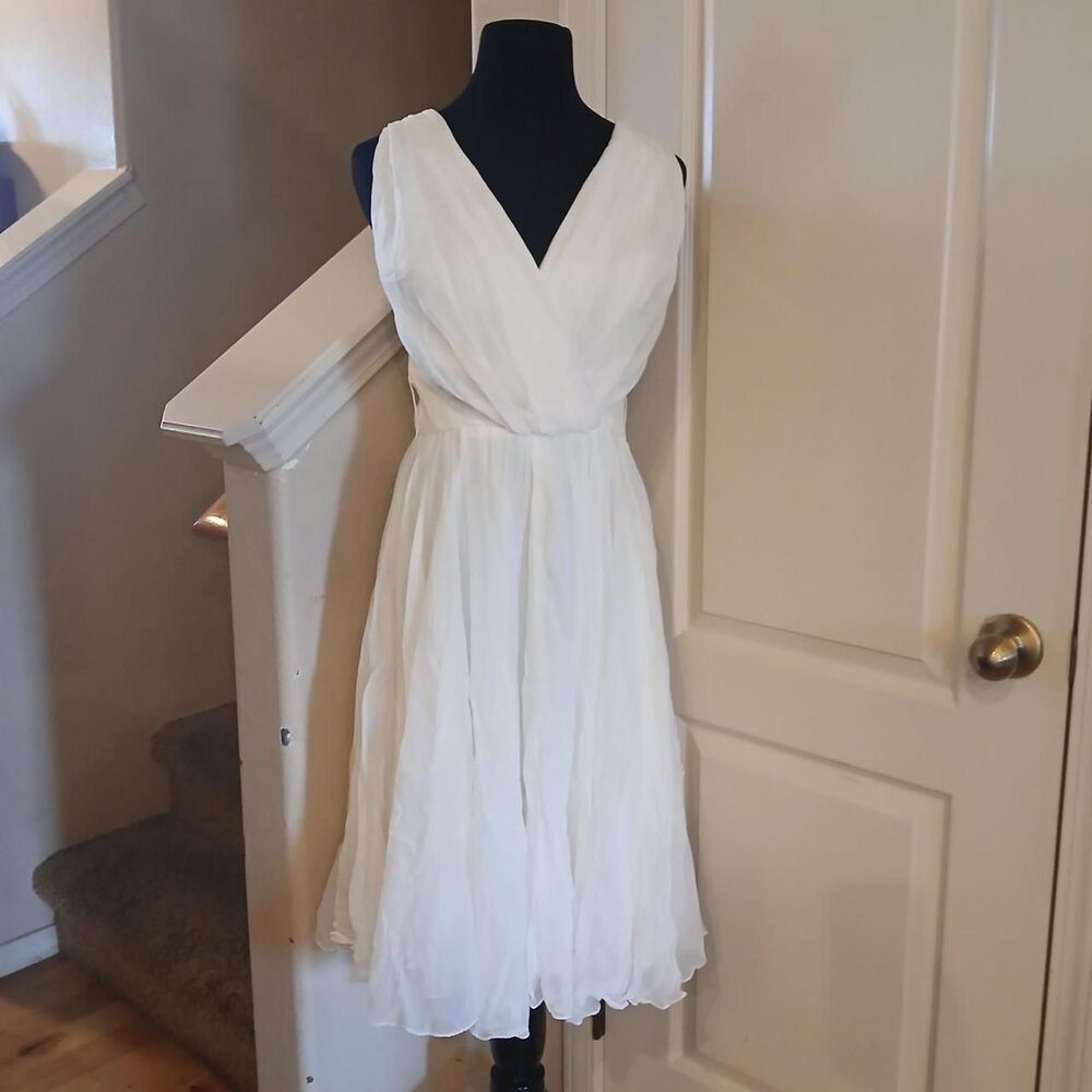 NWT Vintage 1960s Marilyn Monroe Style White Chiffon Flowy V-neck Mini Dress